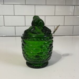 VTG Condiment Jar Emerald Green Glass Honey Pot Jelly Jam